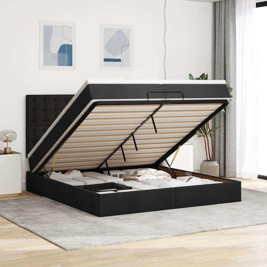vidaXL Ottoman bed met matrassen 200x200cm stof zwart afbeelding 1