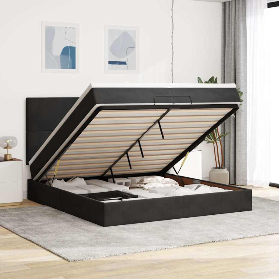 vidaXL Ottoman bed met matrassen 200x200cm fluweel zwart vidaXL Ottoman bed met matrassen 200x200cm fluweel zwart afbeelding 1