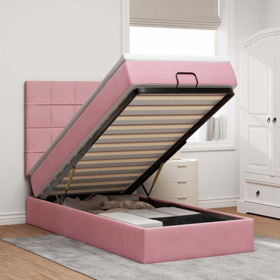 vidaXL Ottoman bed met matrassen 90x200cm fluweel roze vidaXL Ottoman bed met matrassen 90x200cm fluweel roze afbeelding 1
