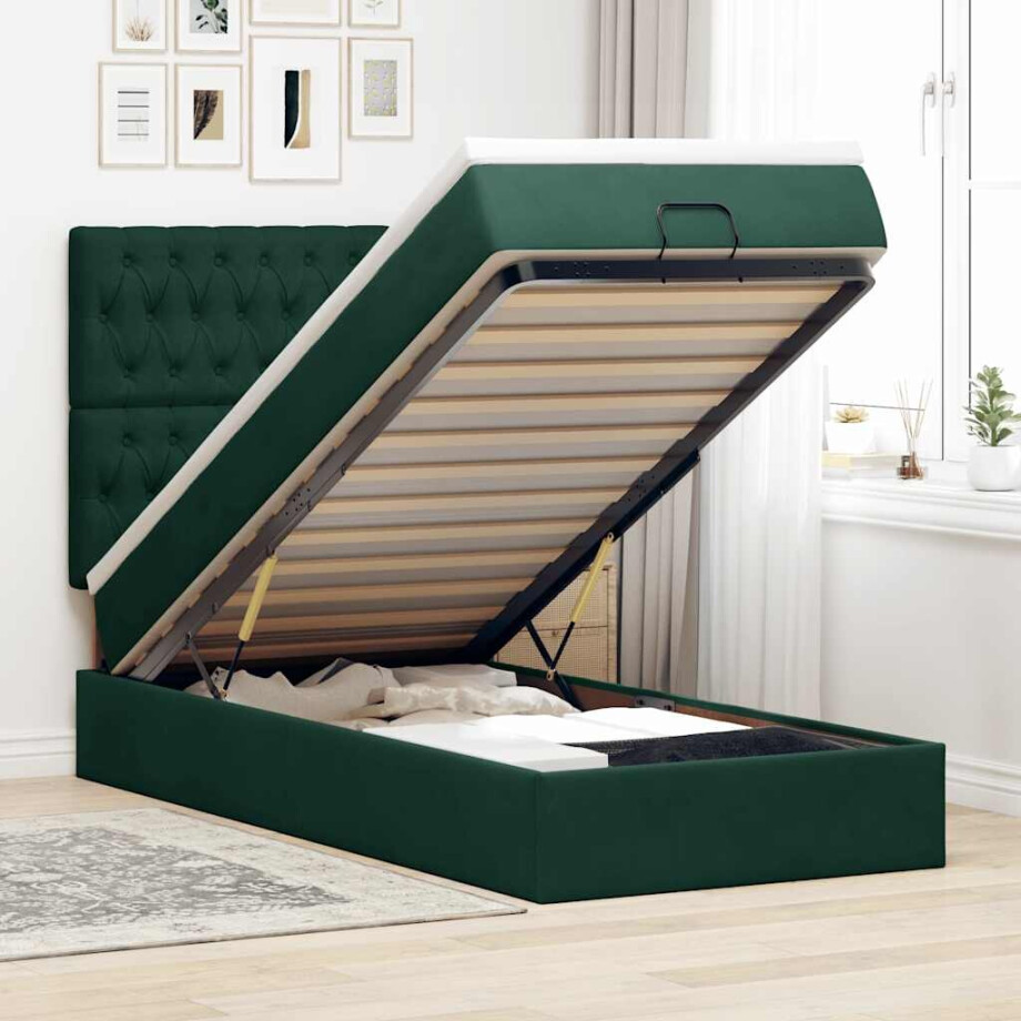 vidaXL Ottoman bed met matrassen 90x200cm fluweel donkergroen vidaXL Ottoman bed met matrassen 90x200cm fluweel donkergroen afbeelding 1
