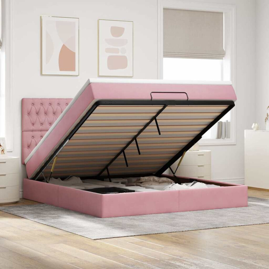 vidaXL Ottoman bed met matrassen 160x200cm fluweel roze afbeelding 1