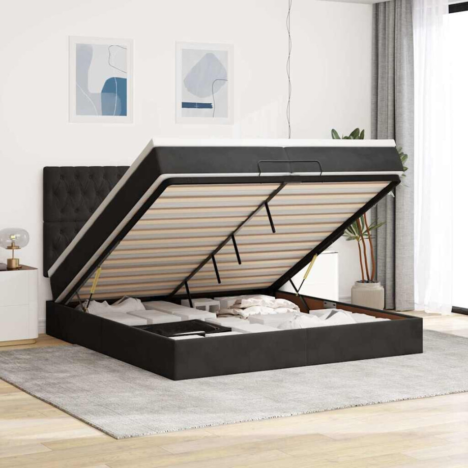 vidaXL Ottoman bed met matrassen 200x200cm fluweel zwart vidaXL Ottoman bed met matrassen 200x200cm fluweel zwart afbeelding 1