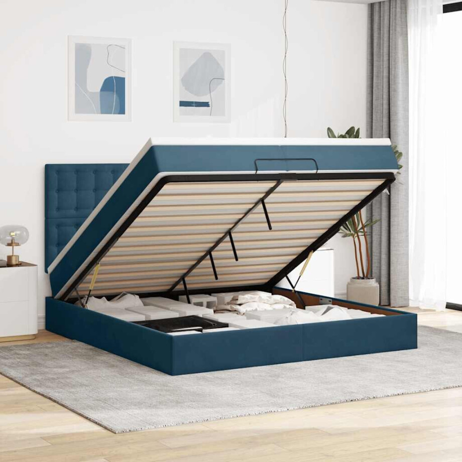 vidaXL Ottoman bed met matrassen 160x200cm fluweel donkerblauw vidaXL Ottoman bed met matrassen 160x200cm fluweel donkerblauw afbeelding 1