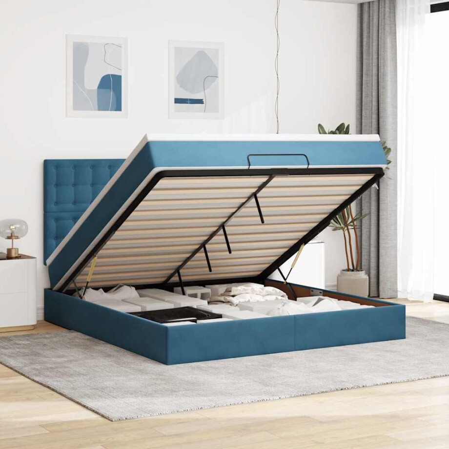 vidaXL Ottoman bed met matrassen 180x200cm fluweel donkerblauw vidaXL Ottoman bed met matrassen 180x200cm fluweel donkerblauw afbeelding 1