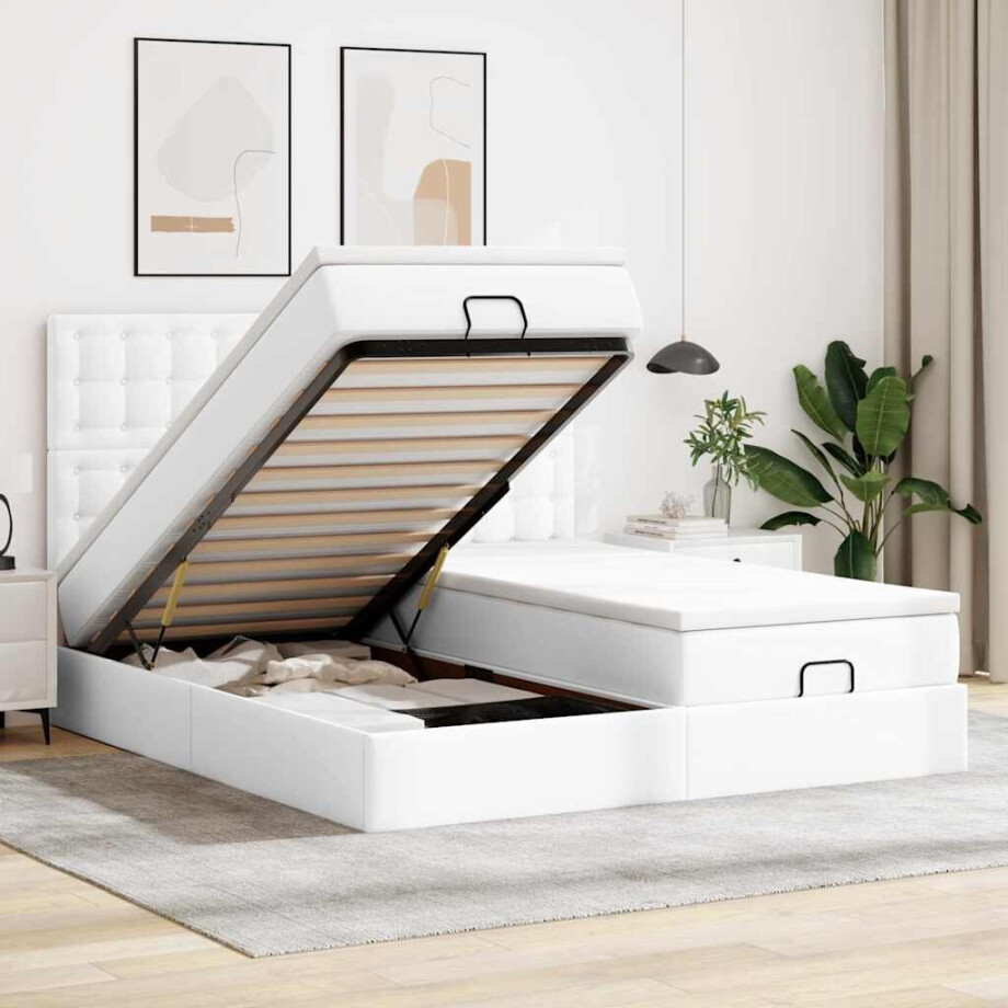 vidaXL Ottoman bed met matrassen 160x200cm kunstleer zuiver wit afbeelding 1