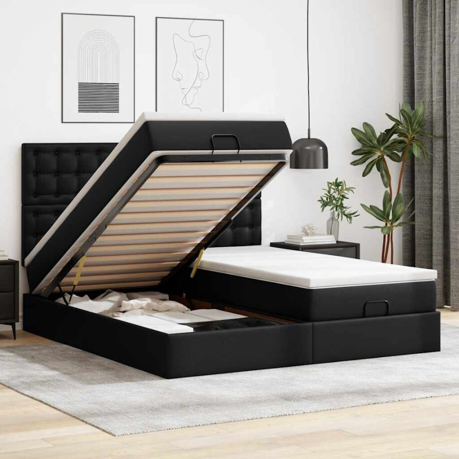 vidaXL Ottoman bed met matrassen 200x200cm kunstleer zwart vidaXL Ottoman bed met matrassen 200x200cm kunstleer zwart afbeelding 1