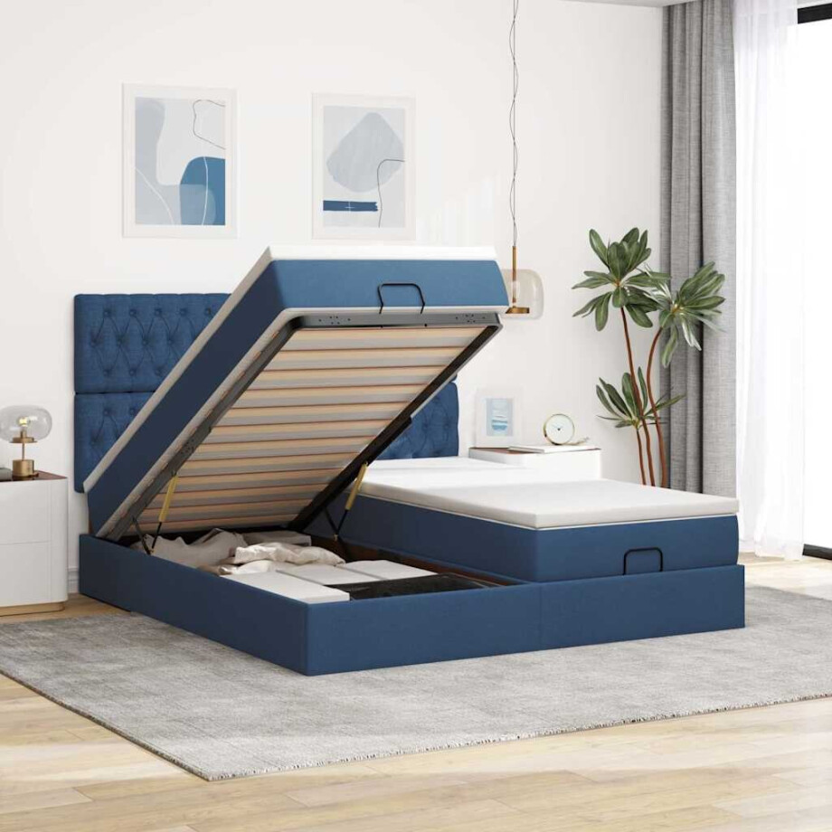 vidaXL Ottoman bed met matrassen 160x200cm stof blauw afbeelding 1
