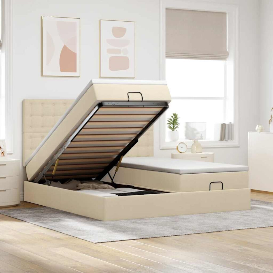 vidaXL Ottoman bed met matrassen 160x200cm stof crèmekleurig afbeelding 1