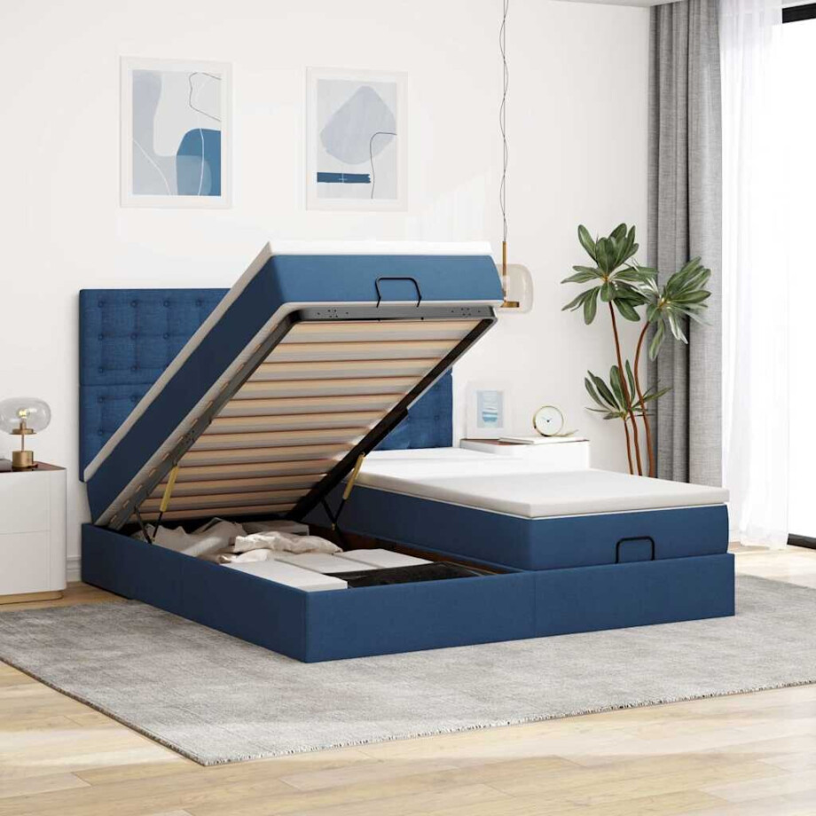 vidaXL Ottoman bed met matrassen 160x200cm stof blauw afbeelding 1