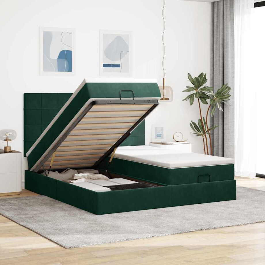 vidaXL Ottoman bed met matrassen 200x200cm fluweel donkergroen afbeelding 1