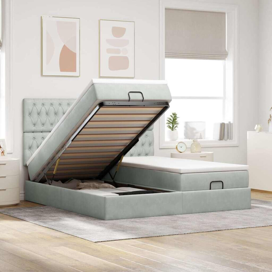 vidaXL Ottoman bed met matrassen 200x200cm fluweel lichtgrijs afbeelding 1