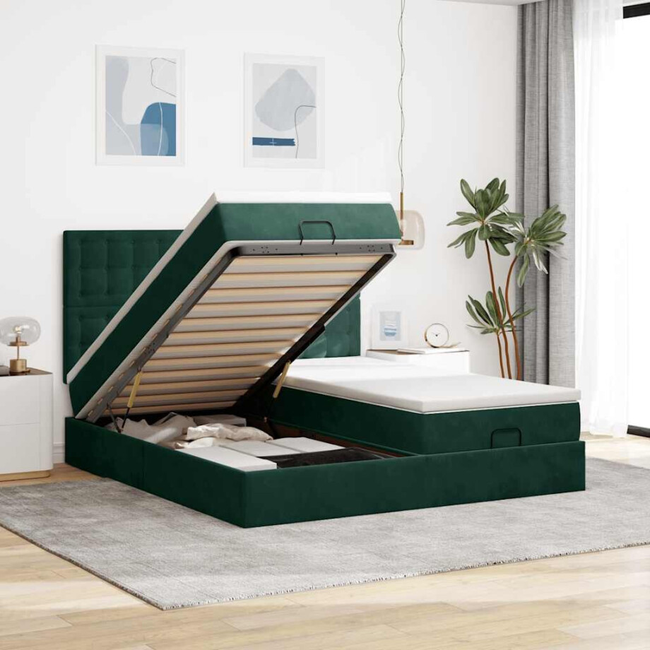 vidaXL Ottoman bed met matrassen 200x200cm fluweel donkergroen vidaXL Ottoman bed met matrassen 200x200cm fluweel donkergroen afbeelding 1