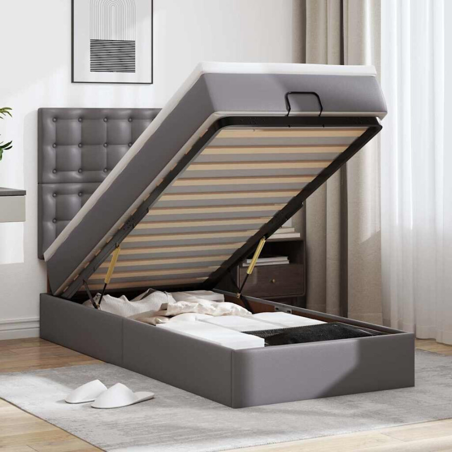 vidaXL Ottoman bed met matras en LED's 80x200 cm kunstleer grijs afbeelding 1