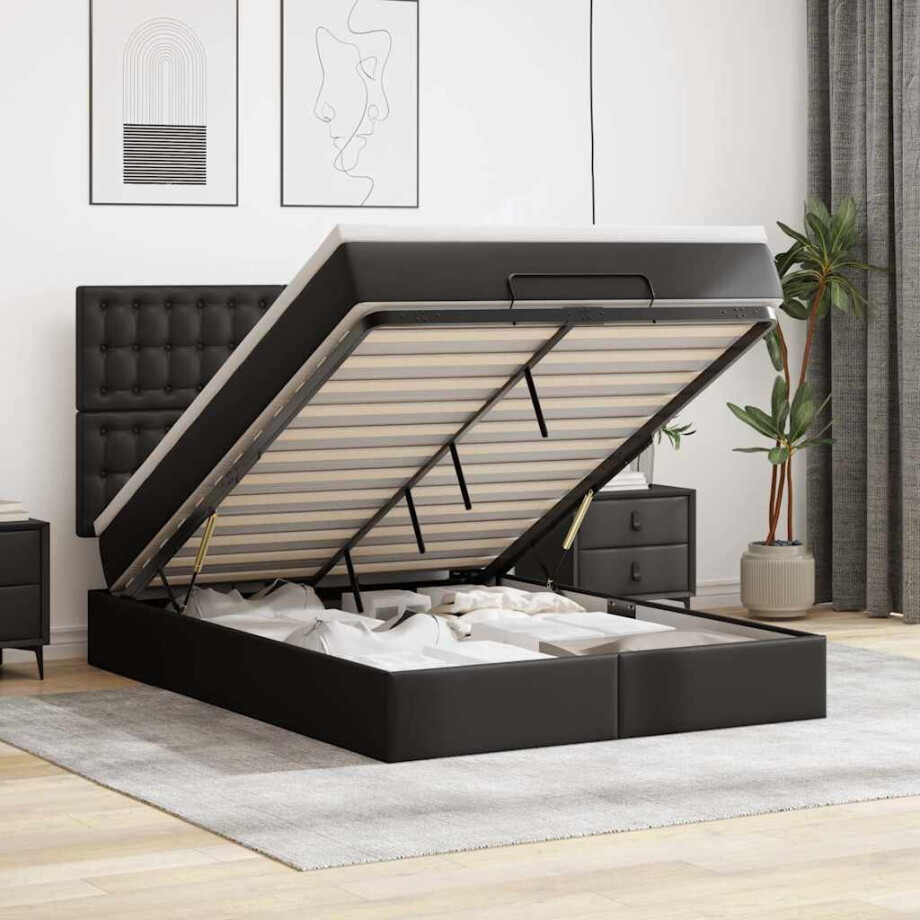 vidaXL Ottoman bed met matras en LED's 140x200cm kunstleer zwart afbeelding 1