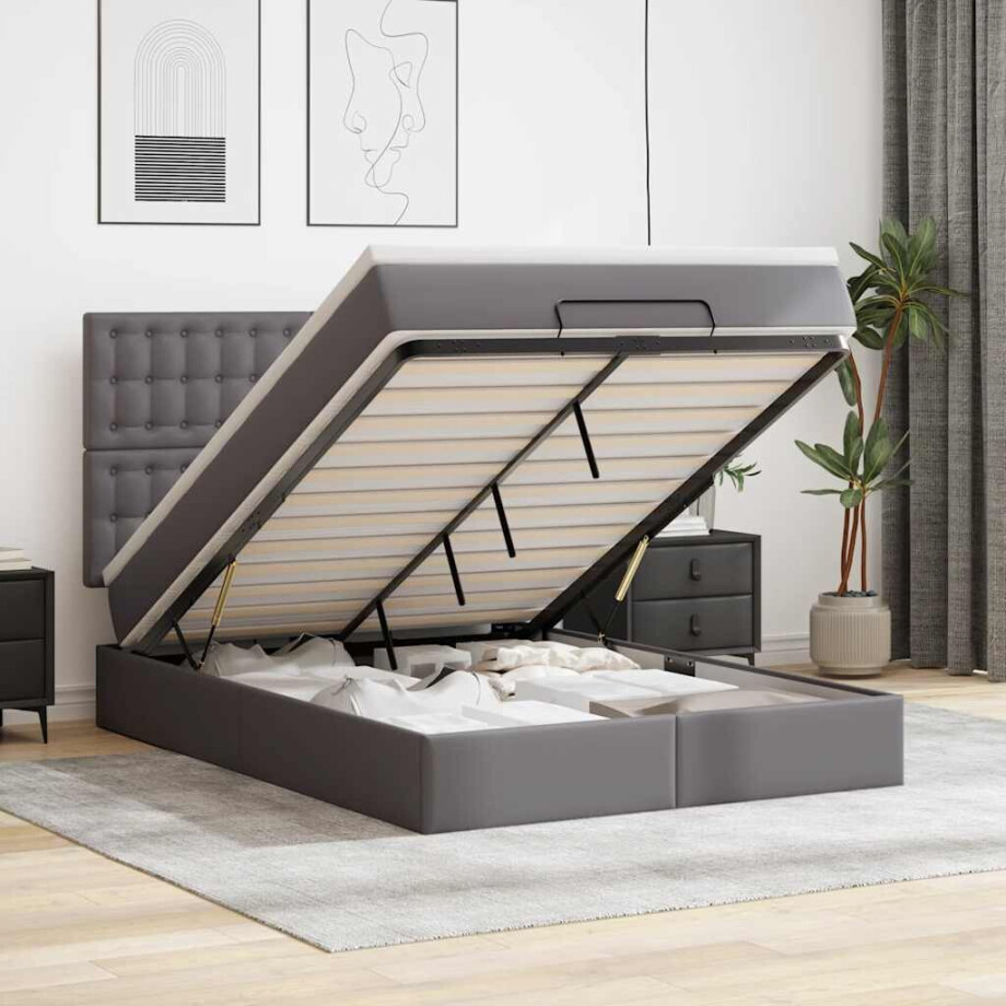 vidaXL Ottoman bed met matras en LED's 140x200cm kunstleer grijs vidaXL Ottoman bed met matras en LED's 140x200cm kunstleer grijs afbeelding 1