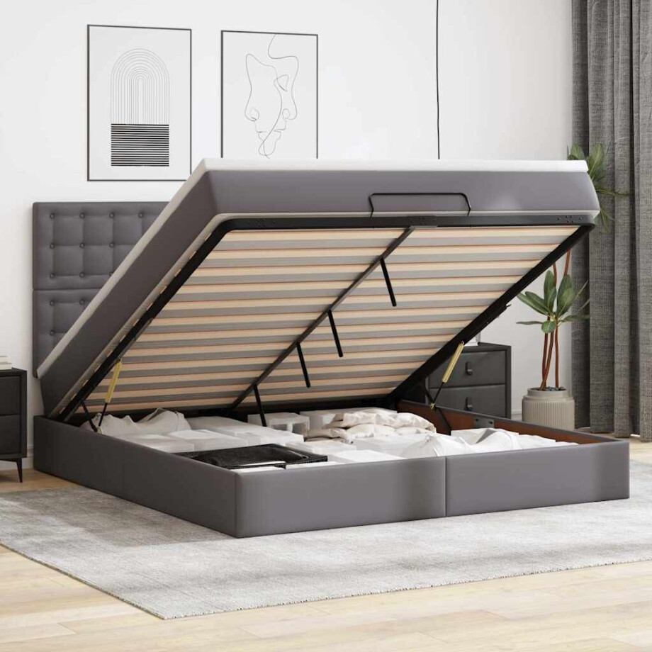 vidaXL Ottoman bed met matras en LED's 160x200cm kunstleer grijs afbeelding 1