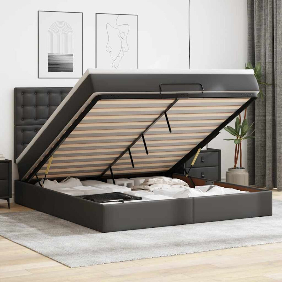 vidaXL Ottoman bed met matras en LED's 180x200cm kunstleer zwart vidaXL Ottoman bed met matras en LED's 180x200cm kunstleer zwart afbeelding 1