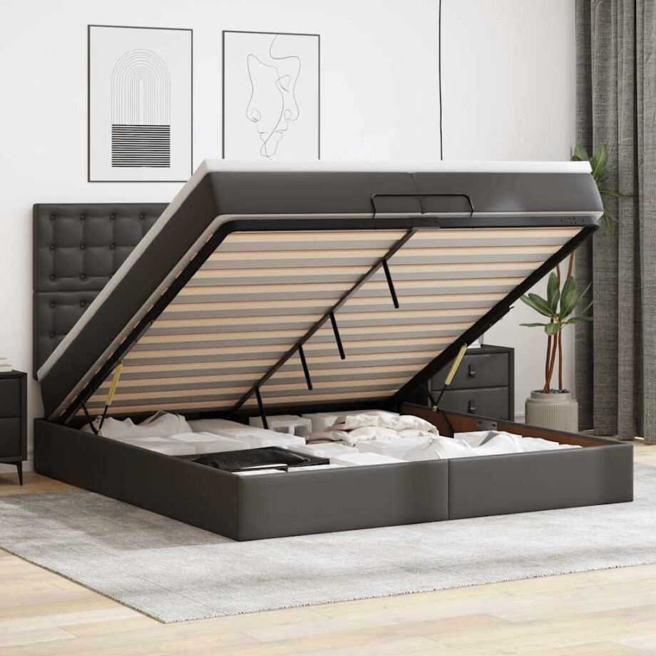 vidaXL Ottoman bed met matrassen en LED's 200x200cm kunstleer zwart afbeelding 1