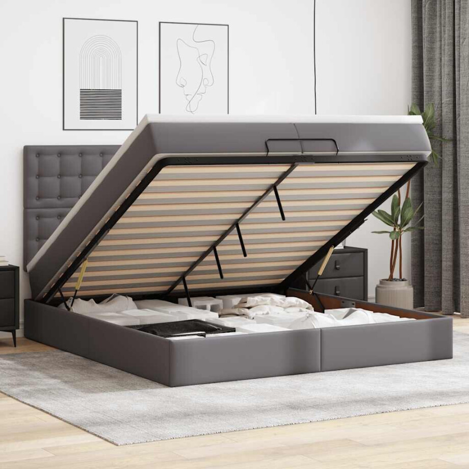 vidaXL Ottoman bed met matrassen en LED's 200x200cm kunstleer grijs afbeelding 1