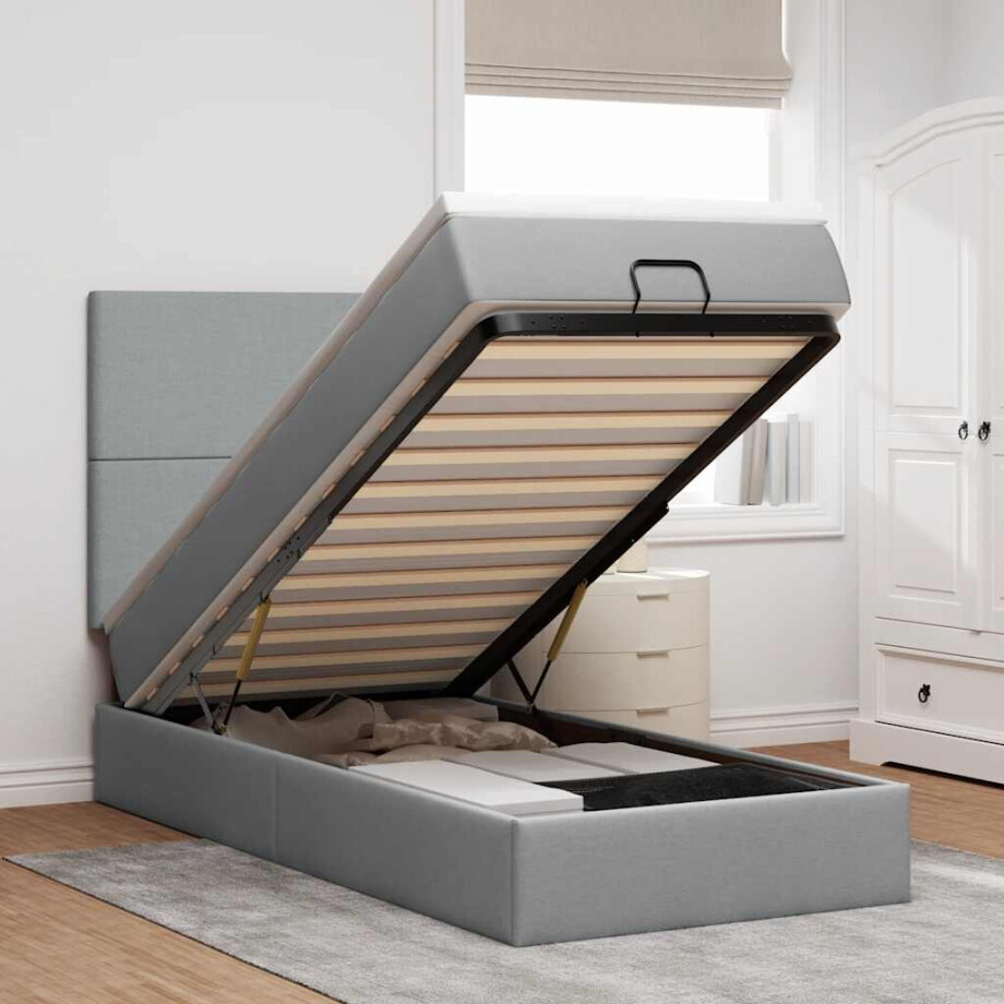 vidaXL Ottoman bed met matras en LED's 90x190cm stof lichtgrijs vidaXL Ottoman bed met matras en LED's 90x190cm stof lichtgrijs afbeelding 1