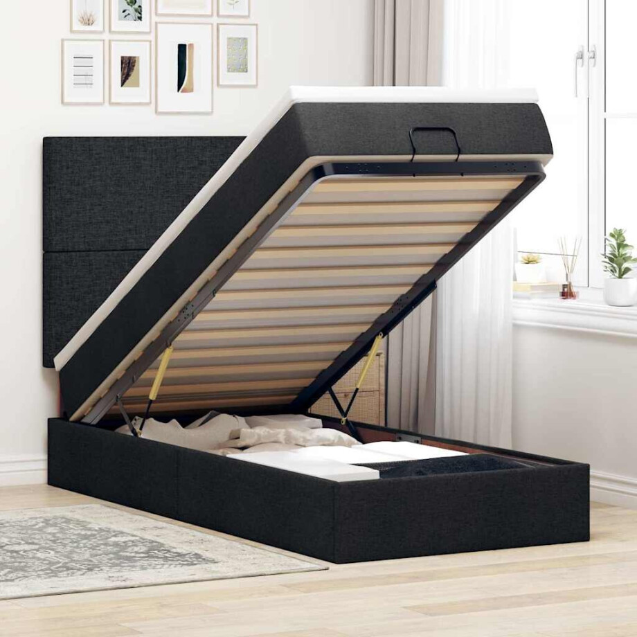 vidaXL Ottoman bed met matras en LED's 90x200cm stof zwart vidaXL Ottoman bed met matras en LED's 90x200cm stof zwart afbeelding 1