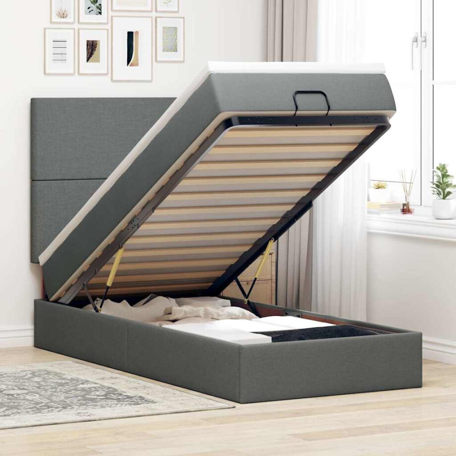 vidaXL Ottoman bed met matras en LED's 100x200cm stof donkergrijs afbeelding 1