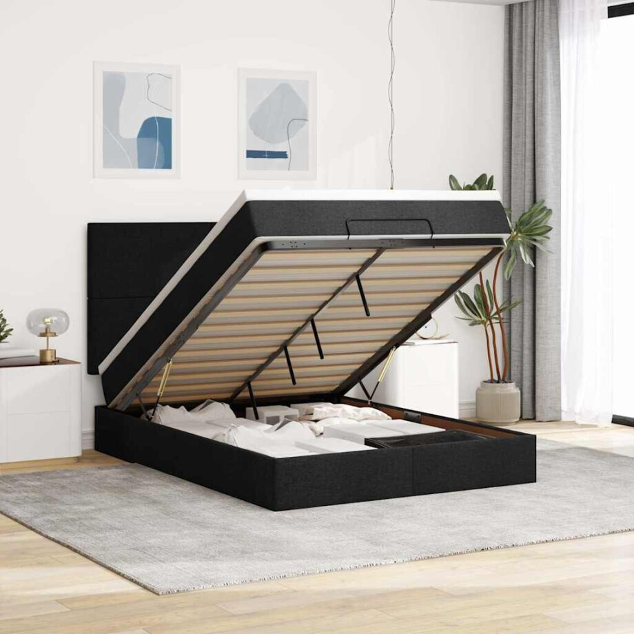 vidaXL Ottoman bed met matras en LED's 140x190cm stof zwart afbeelding 1