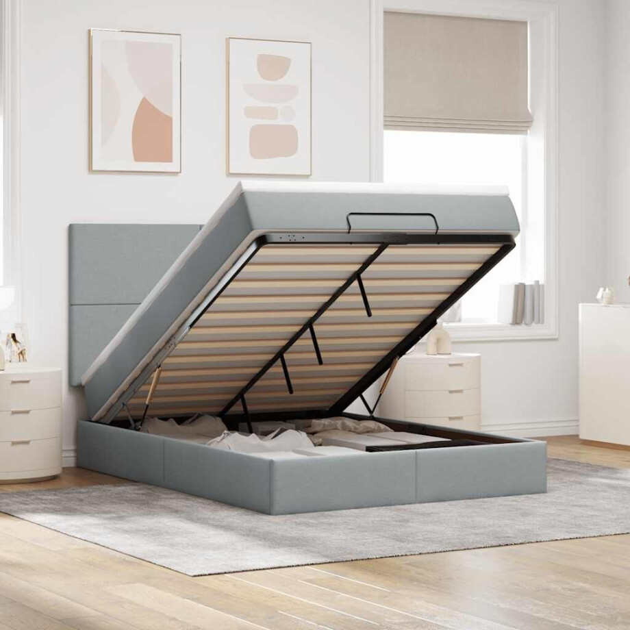 vidaXL Ottoman bed met matras en LED's 140x200cm stof lichtgrijs afbeelding 1