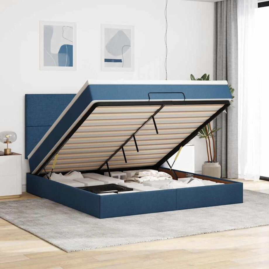vidaXL Ottoman bed met matras en LED's 180x200cm stof blauw vidaXL Ottoman bed met matras en LED's 180x200cm stof blauw afbeelding 1