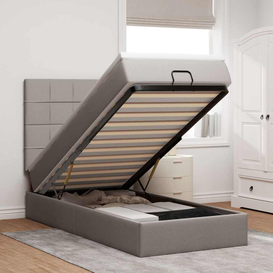 vidaXL Bed poef met matras en LED's 90x200 cm stof taupe afbeelding 1