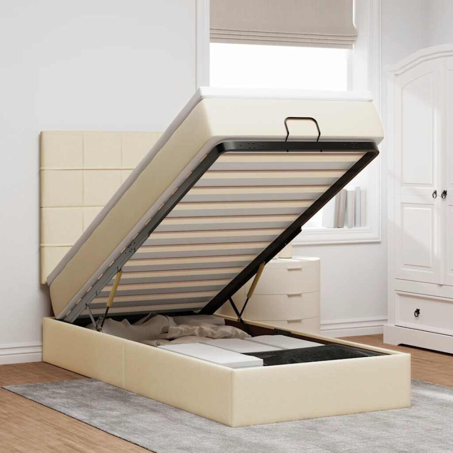 vidaXL Bed poef met matras en LED's 90x200 cm stof crèmekleurig afbeelding 1