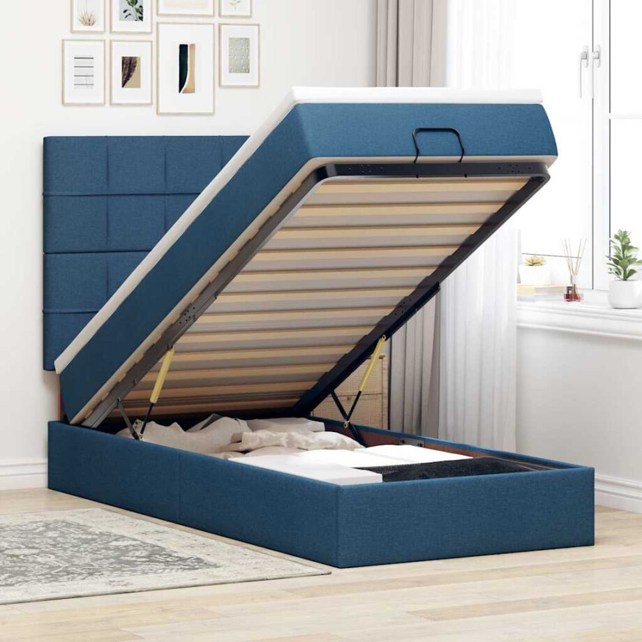 vidaXL Bed poef met matras en LED's 90x200 cm stof blauw vidaXL Bed poef met matras en LED's 90x200 cm stof blauw afbeelding 1