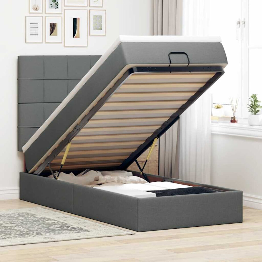 vidaXL Ottoman bed met matras en LED's 100x200cm stof donkergrijs afbeelding 1