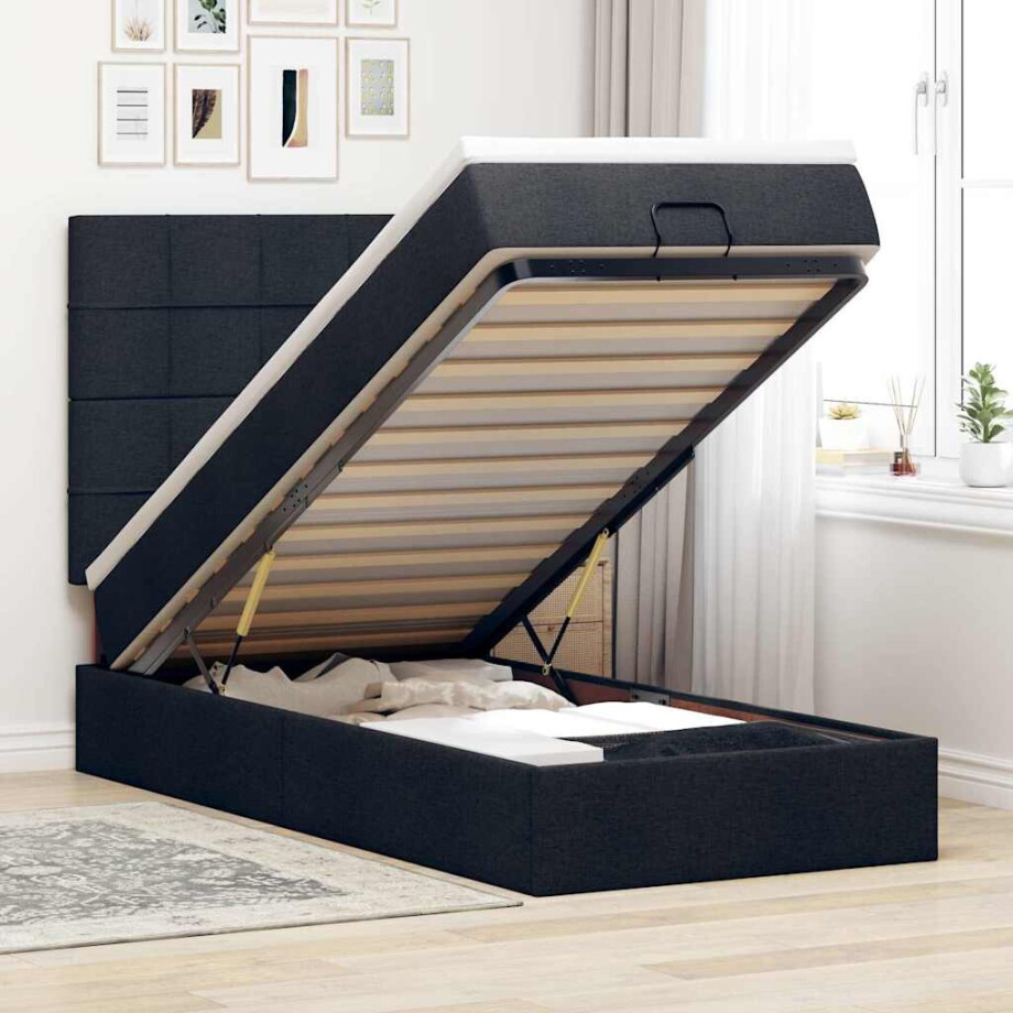 vidaXL Ottoman bed met matras en LED's 100x200cm stof zwart vidaXL Ottoman bed met matras en LED's 100x200cm stof zwart afbeelding 1