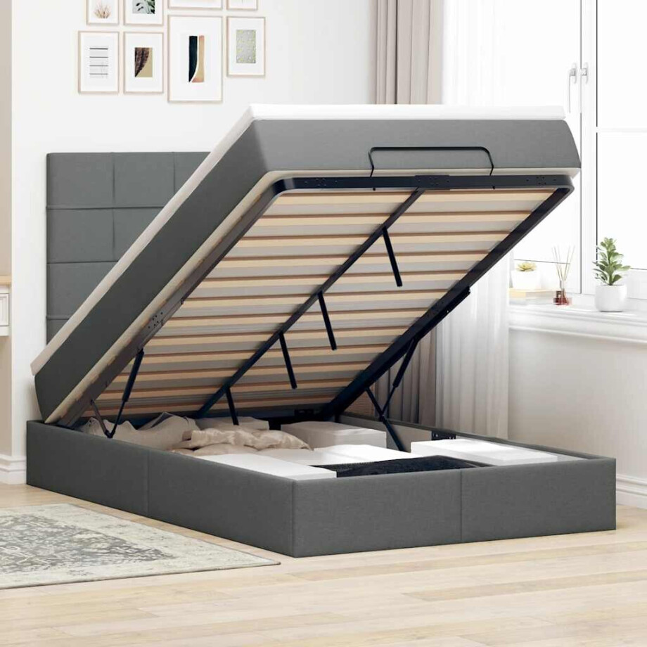 vidaXL Ottoman bed met matras en LED's 120x190 cm stof donkergrijs vidaXL Ottoman bed met matras en LED's 120x190 cm stof donkergrijs afbeelding 1