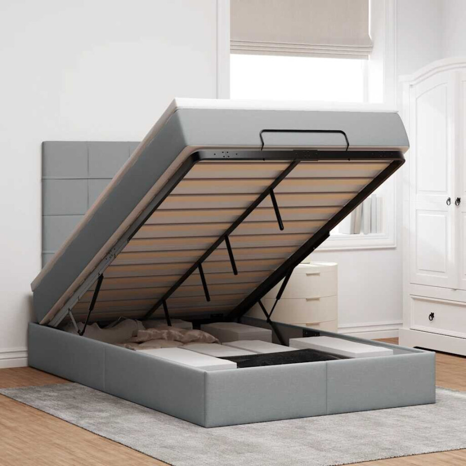 vidaXL Ottoman bed met matras en LED's 120x200cm stof lichtgrijs vidaXL Ottoman bed met matras en LED's 120x200cm stof lichtgrijs afbeelding 1