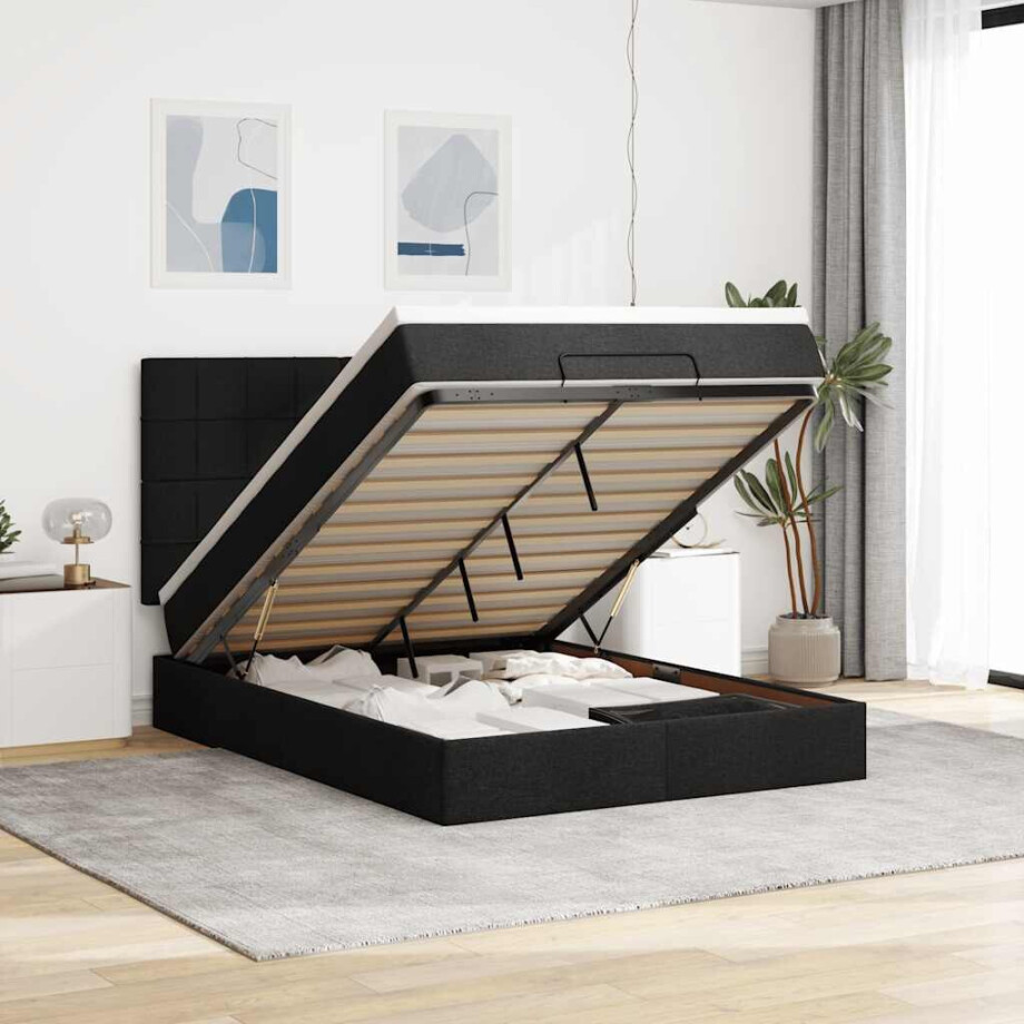 vidaXL Ottoman bed met matras en LED's 140x190cm stof zwart afbeelding 1