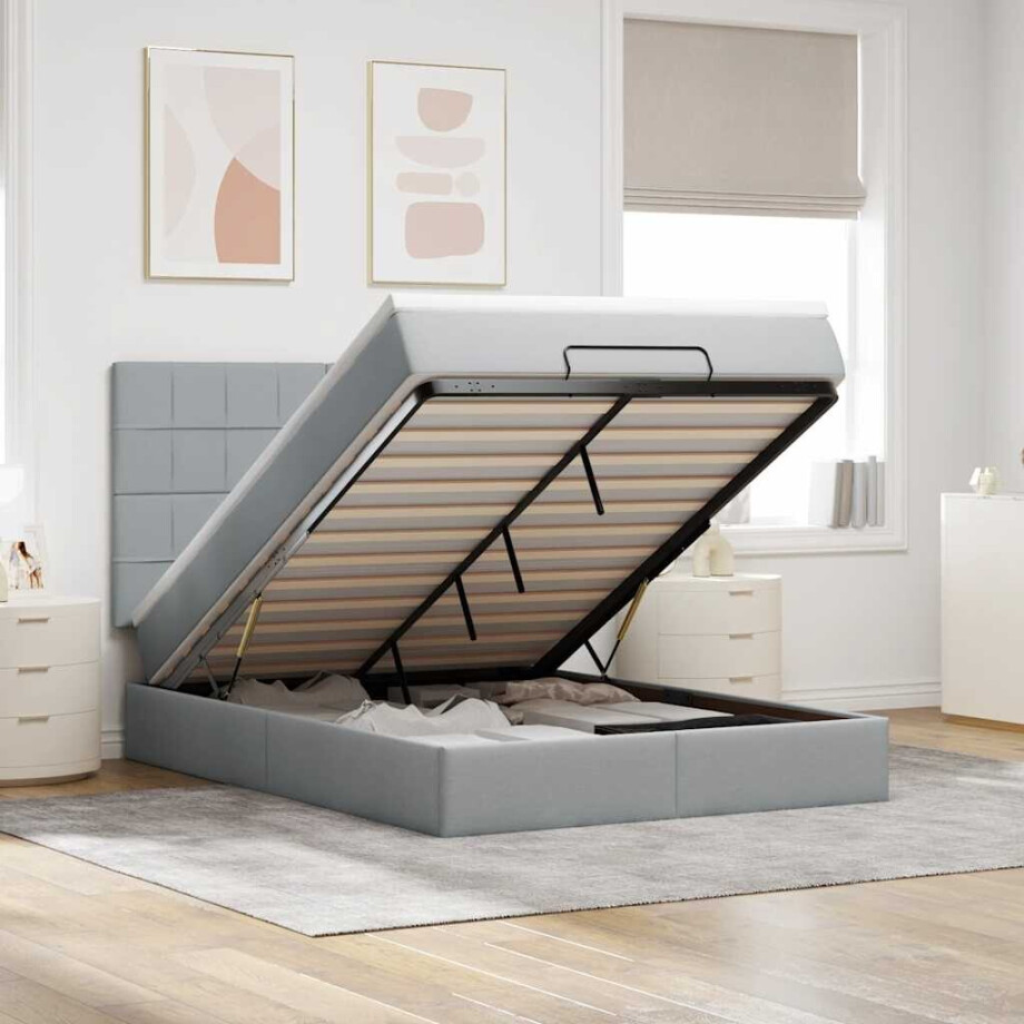 vidaXL Ottoman bed met matras en LED's 140x200cm stof lichtgrijs afbeelding 1