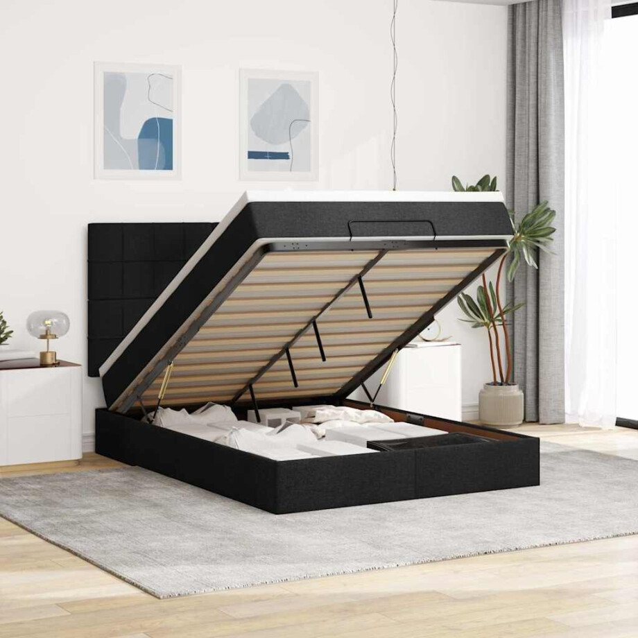 vidaXL Ottoman bed met matras en LED's 140x200cm stof zwart vidaXL Ottoman bed met matras en LED's 140x200cm stof zwart afbeelding 1