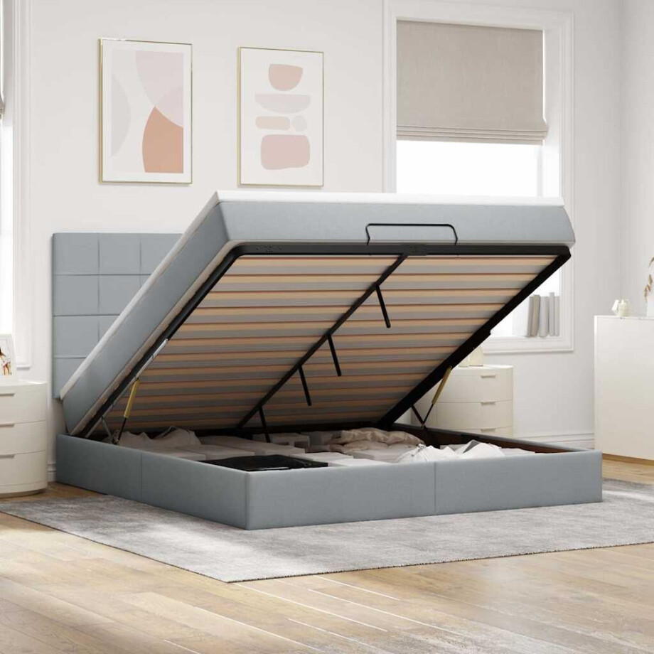 vidaXL Ottoman bed met matras en LED's 160x200cm stof lichtgrijs afbeelding 1
