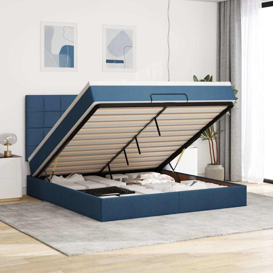 vidaXL Ottoman bed met matras en LED's 160x200cm stof blauw afbeelding 1