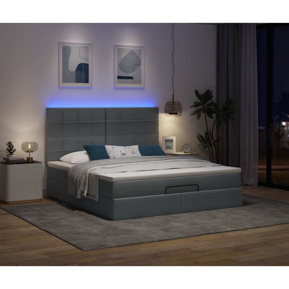 vidaXL Ottoman bed met matras en LED's 180x200cm stof donkergrijs afbeelding 1
