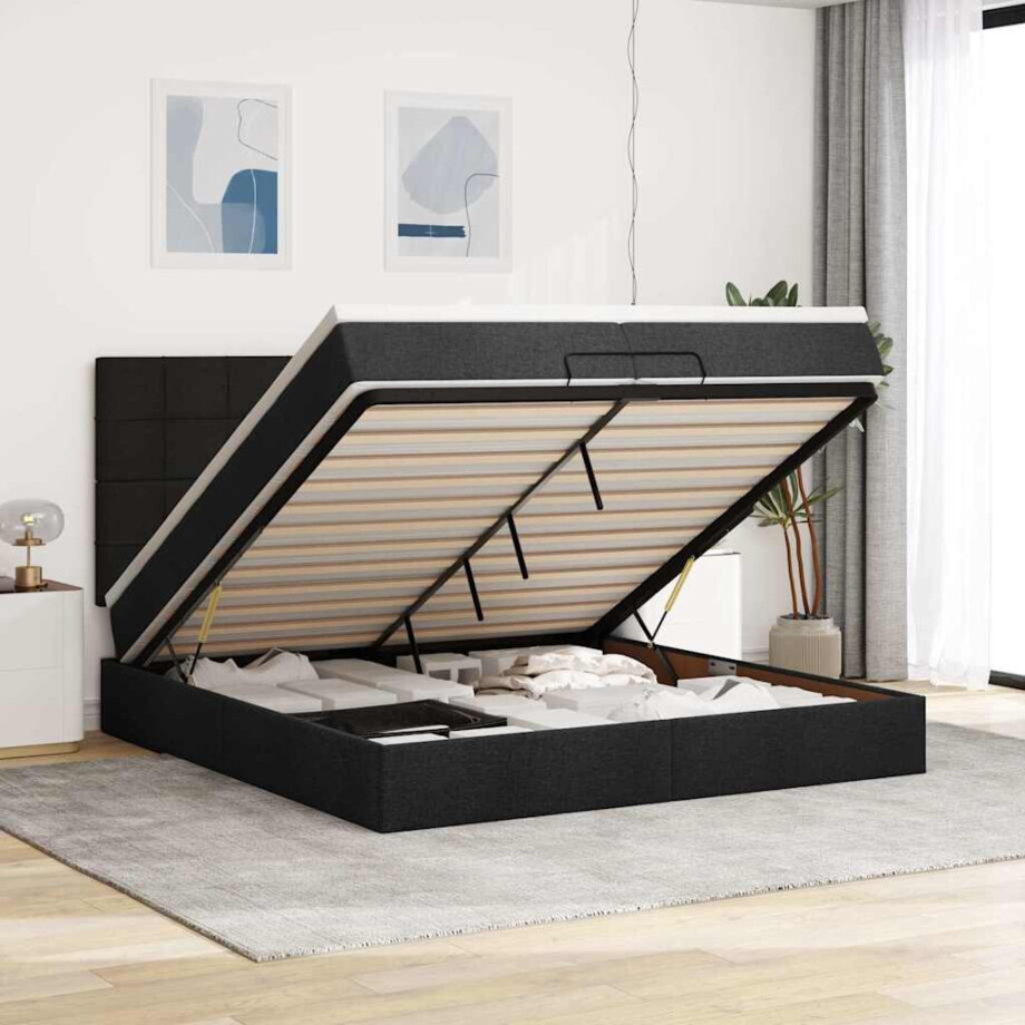 vidaXL Ottoman bed met matrassen en LED's 200x200cm stof zwart afbeelding 1