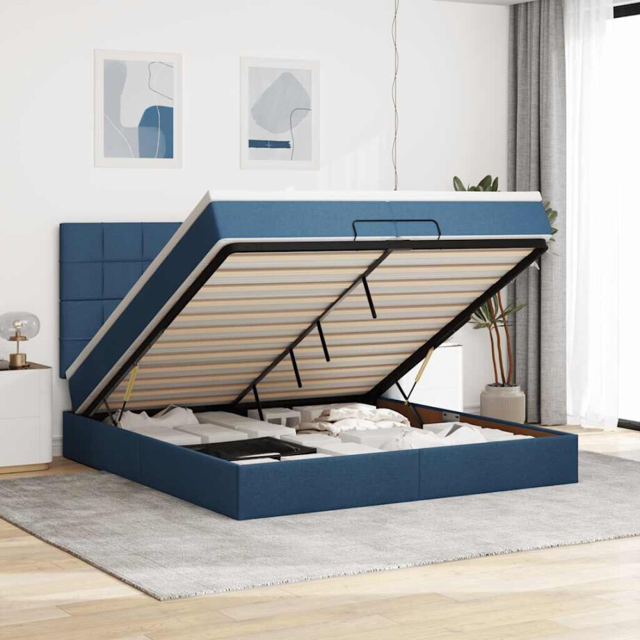 vidaXL Ottoman bed met matrassen en LED's 200x200cm stof blauw afbeelding 1