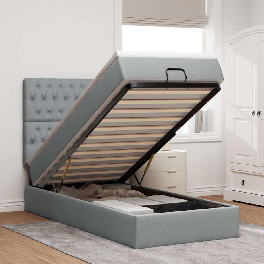 vidaXL Ottoman bed met matras en LED's 90x190cm stof lichtgrijs afbeelding 1