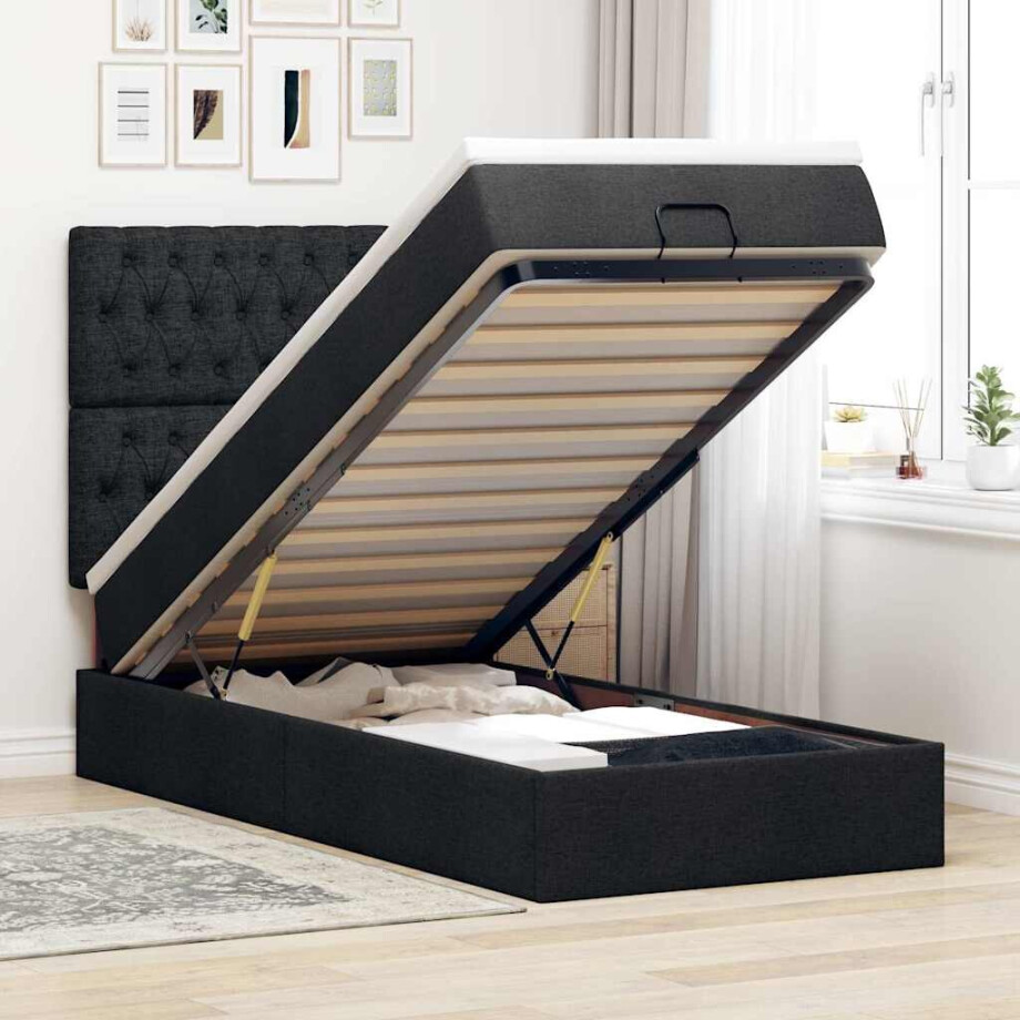 vidaXL Ottoman bed met matras en LED's 90x200cm stof zwart vidaXL Ottoman bed met matras en LED's 90x200cm stof zwart afbeelding 1