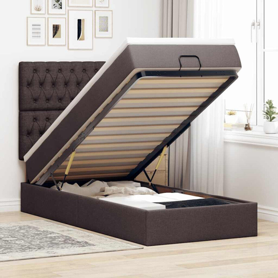 vidaXL Bed poef met matras en LED's 90x200 cm stof donkerbruin afbeelding 1