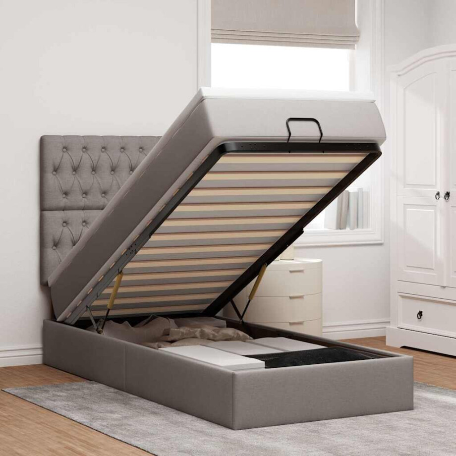 vidaXL Bed poef met matras en LED's 90x200 cm stof taupe afbeelding 1