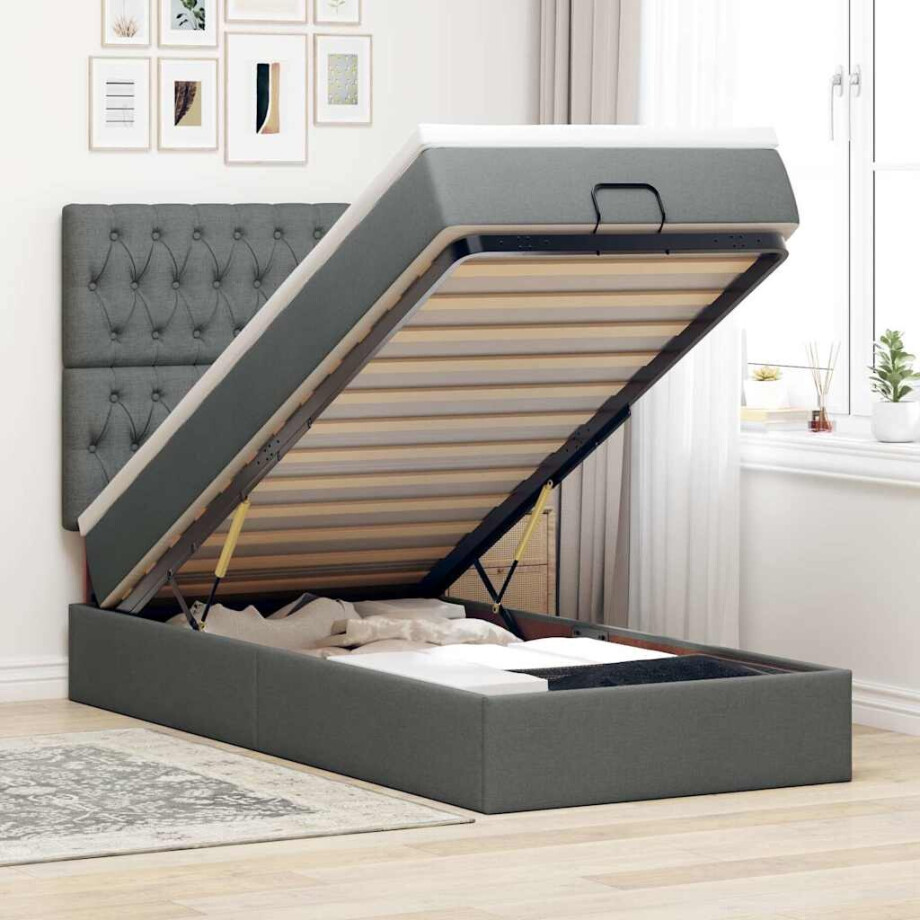 vidaXL Ottoman bed met matras en LED's 100x200cm stof donkergrijs afbeelding 1