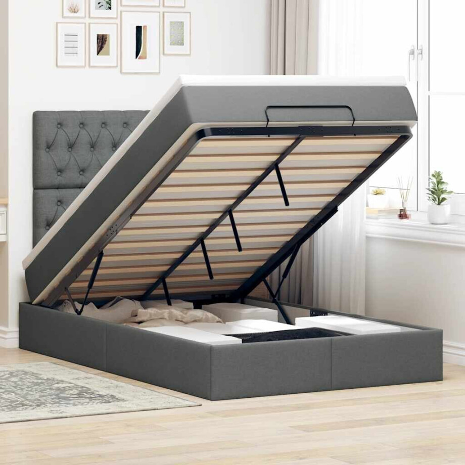 vidaXL Ottoman bed met matras en LED's 120x190 cm stof donkergrijs vidaXL Ottoman bed met matras en LED's 120x190 cm stof donkergrijs afbeelding 1